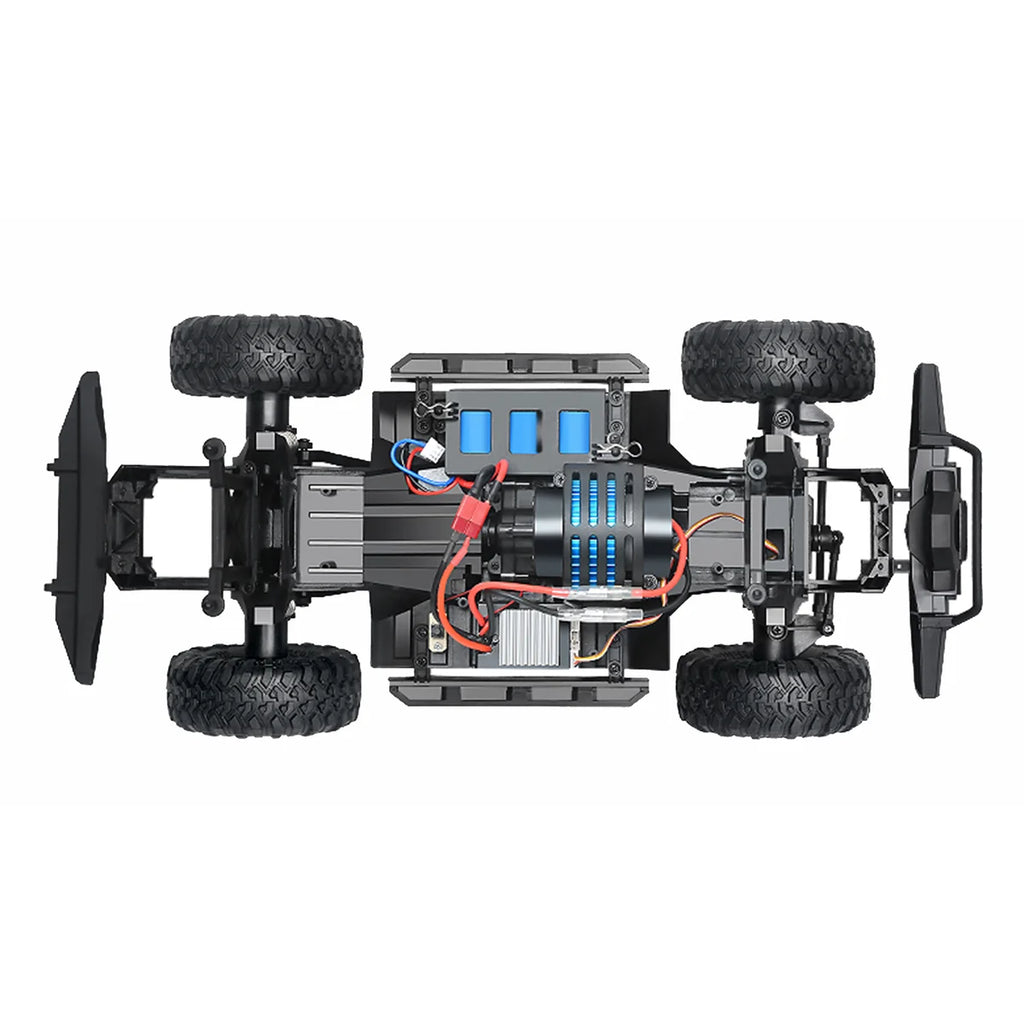 Amewi Dirt Climbing SUV CV Crawler 4WD blau 22591 im Maßstab 1:10 Crawler RTR – Draufsicht mit Batterie und Motoren sichtbar