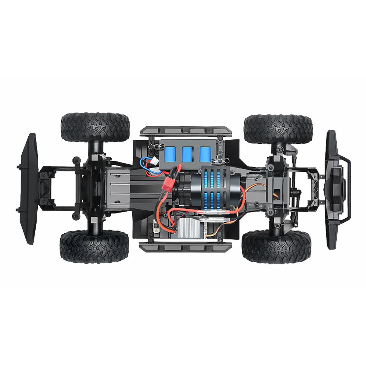 Amewi Dirt Climbing SUV CV Crawler 4WD blau 22591 im Maßstab 1:10 Crawler RTR – Draufsicht mit Batterie und Motoren sichtbar