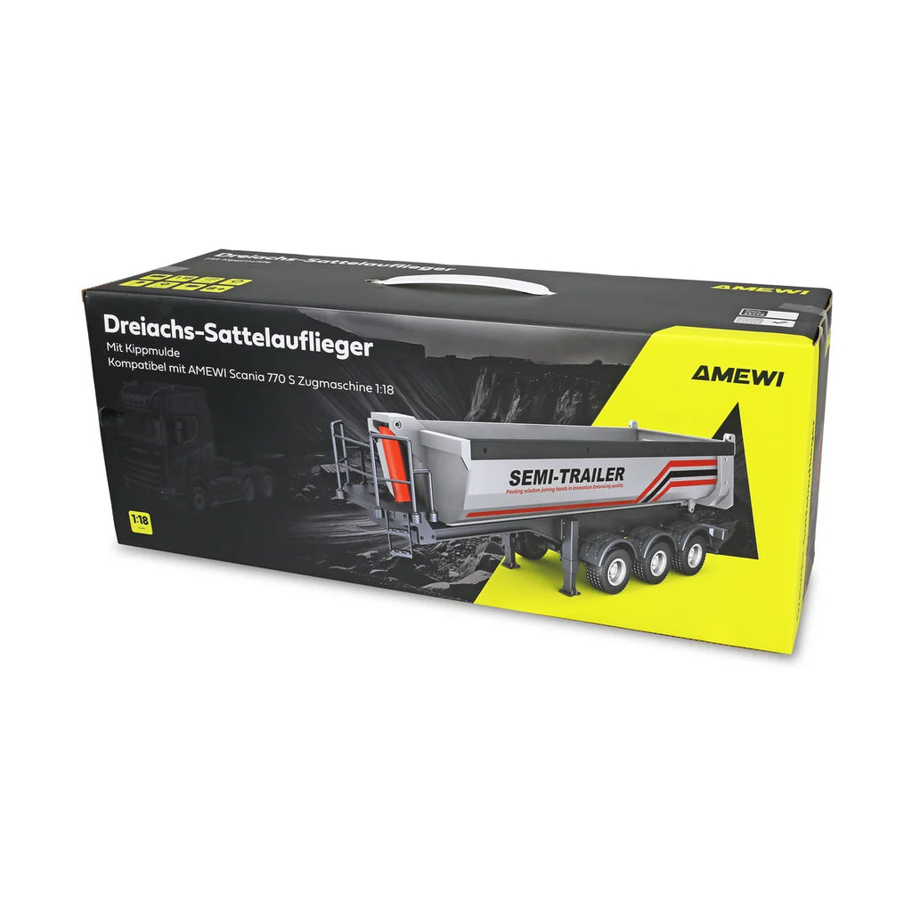 Amewi Dreiachs-Sattelauflieger mit Kippmulde Anthrazit 22778 im Maßstab 1:18 Truck RTR – Verpackung