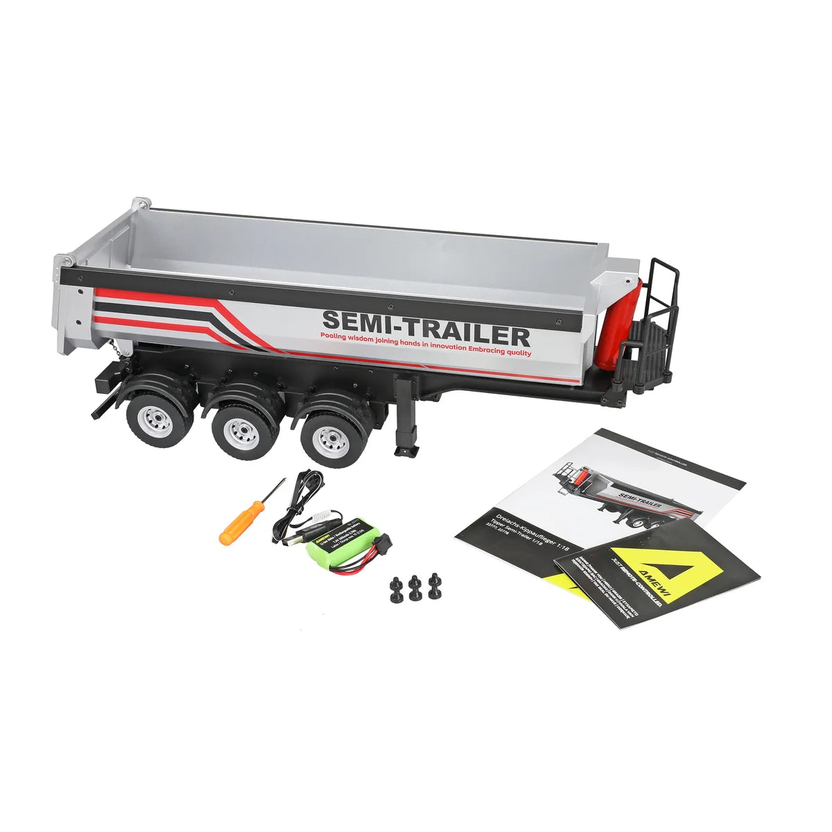 Amewi Dreiachs-Sattelauflieger mit Kippmulde Silber 22777 im Maßstab 1:18 Truck RTR – Lieferumfang und Zubehör