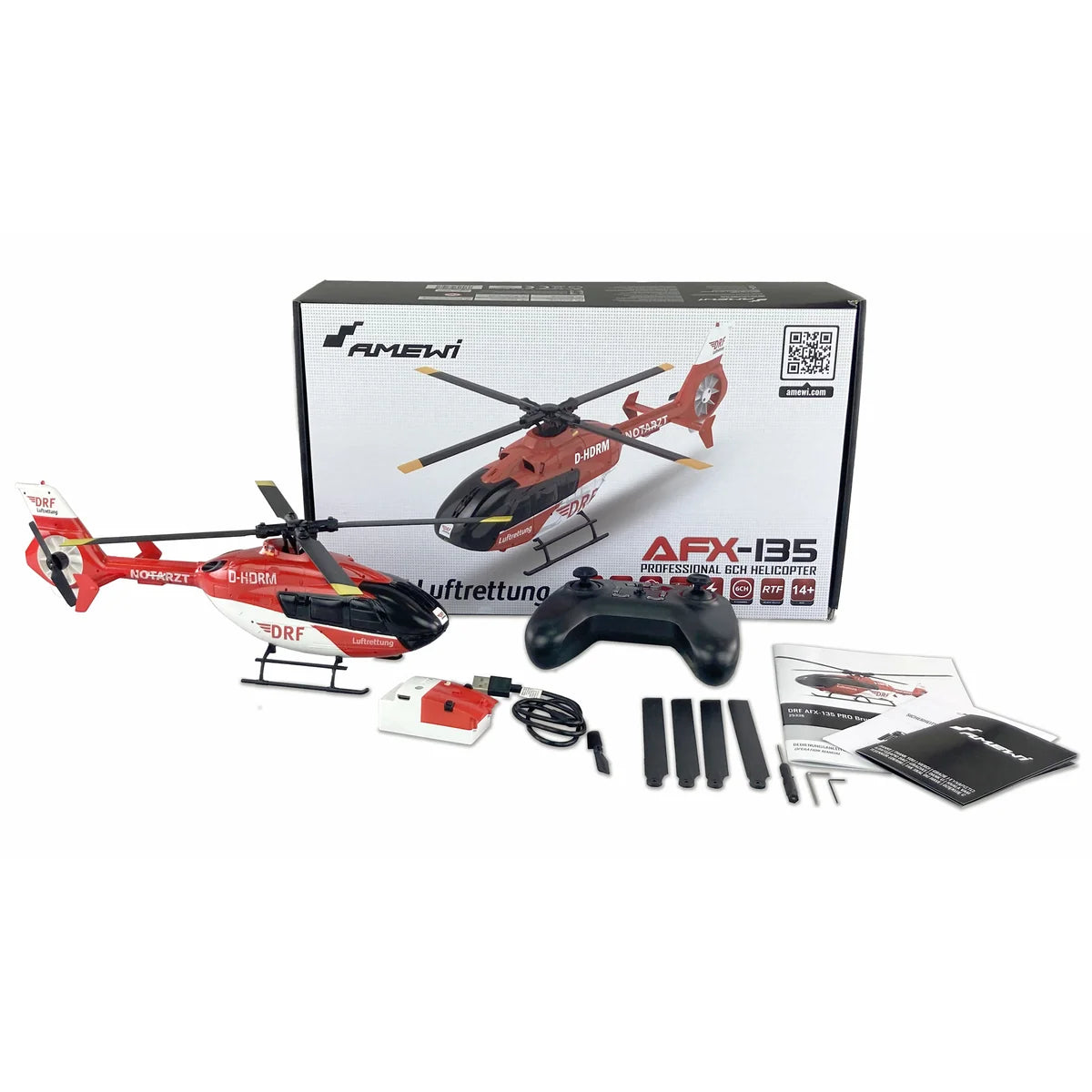 Amewi DRF AFX-135 PRO Helikopter brushless 6-Kanal 6G 25338 im Maßstab 1:32 Helikopter RTF – Lieferumfang und Zubehör