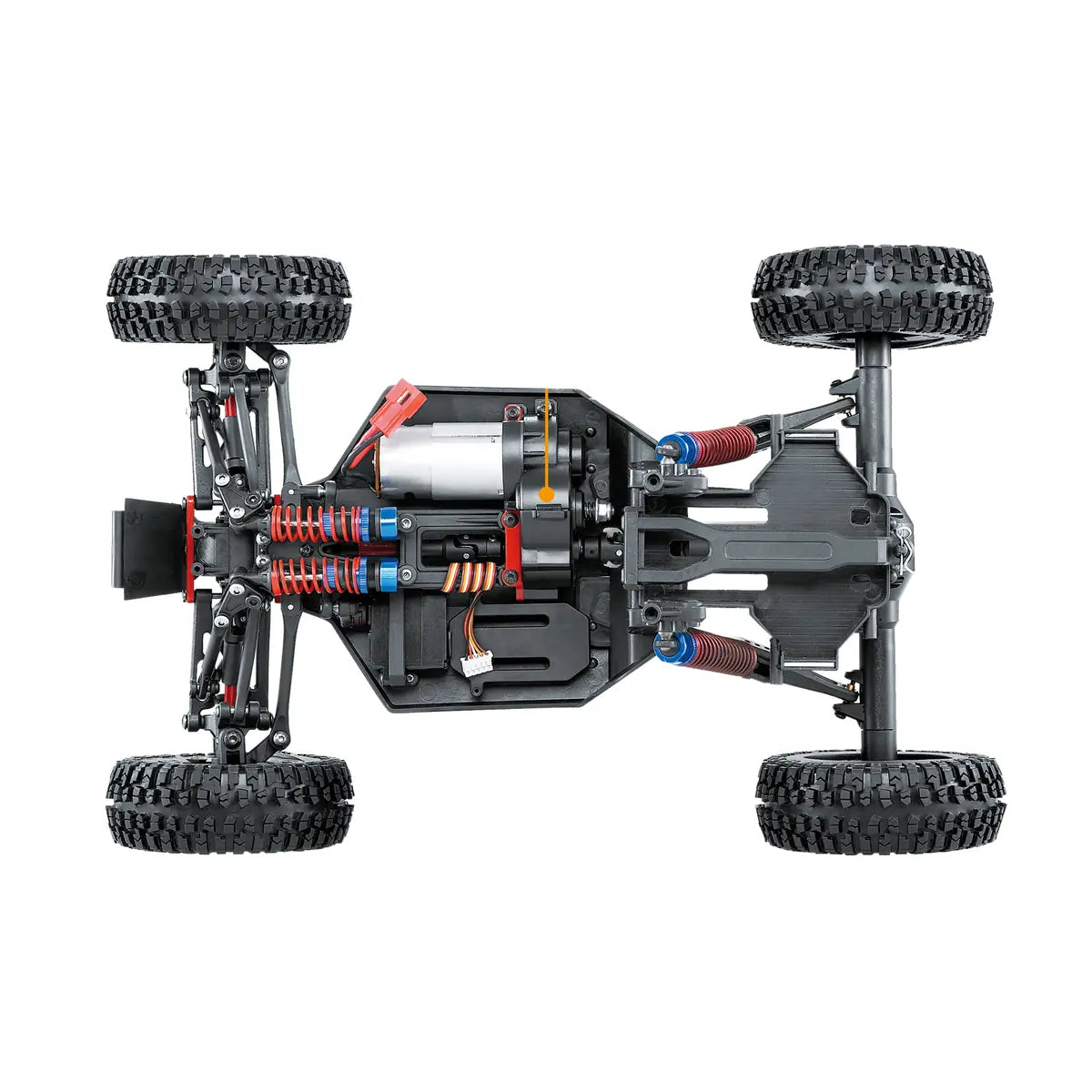 Amewi Eagle-3 Dune Buggy 4WD 22186 im Maßstab 1:12 Buggy RTR – Draufsicht mit Chassis, Motor und Federung