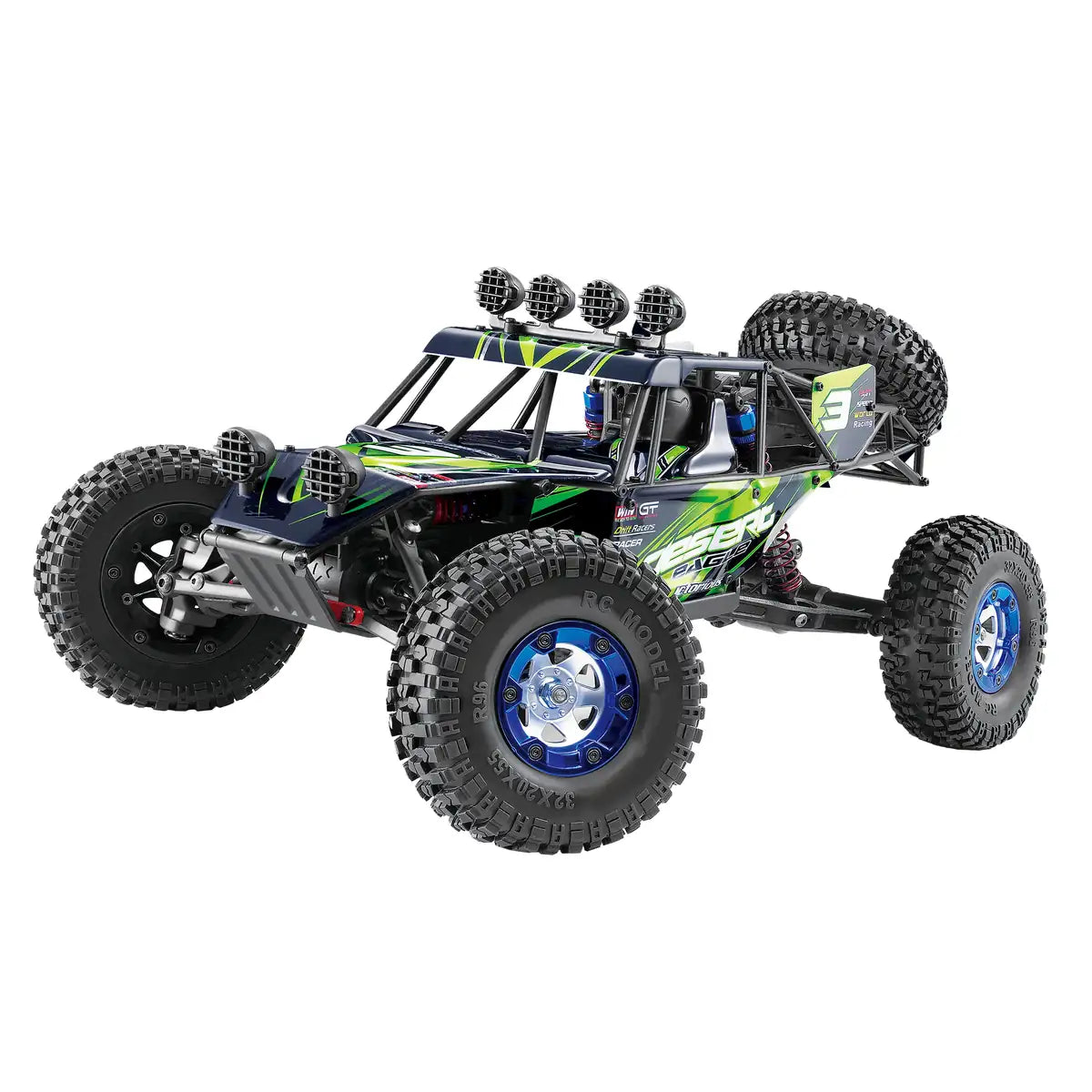 Amewi Eagle-3 Dune Buggy 4WD 22186 im Maßstab 1:12 Buggy RTR – Seitenansicht mit blauen Felgen und grünem Design