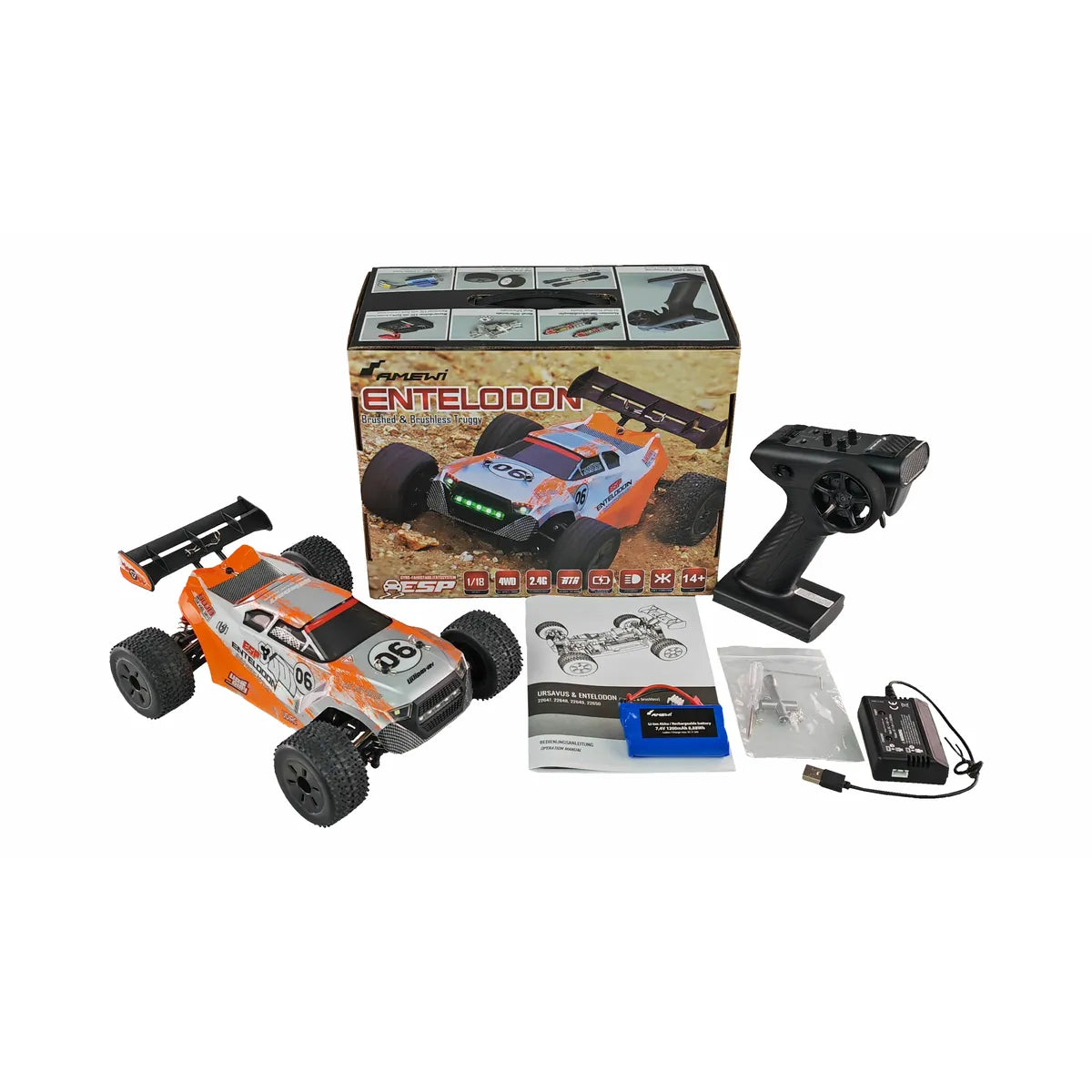 Amewi Entelodon Pro Truggy brushless 4WD 22649 im Maßstab 1:18 Offroad RTR – Lieferumfang und Zubehör