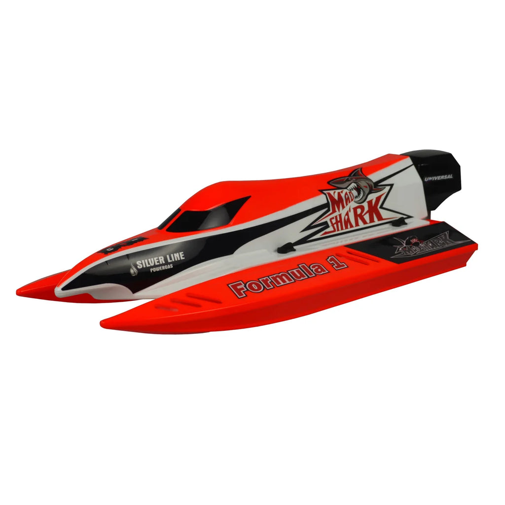 Amewi F1 Boot Mad Shark V2 brushless 26075 Speedboot ARTR – Seitenansicht mit roten Rumpf und schwarzem Bug