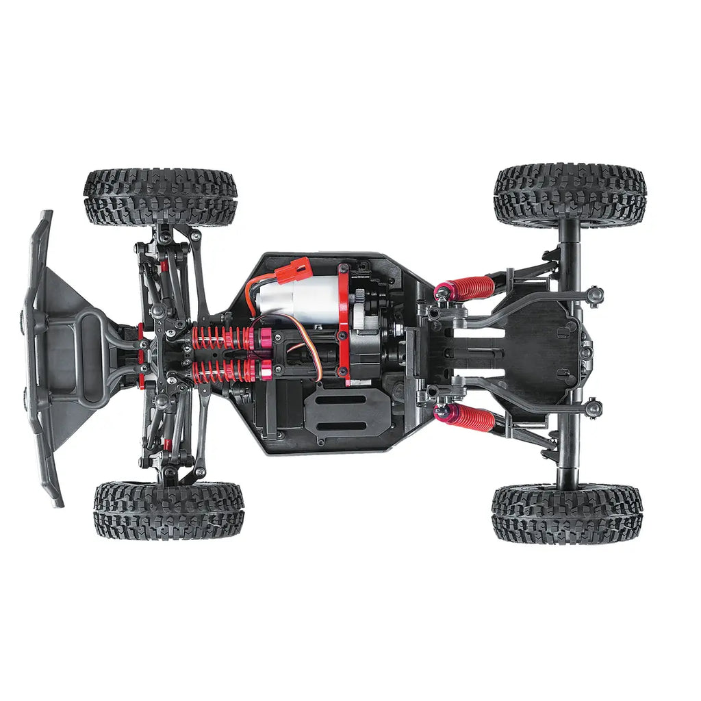 Amewi Fighter-1 Short Course Truck 4WD 22184 im Maßstab 1:12 Offroad RTR – Draufsicht mit Chassis, Motor und Federung