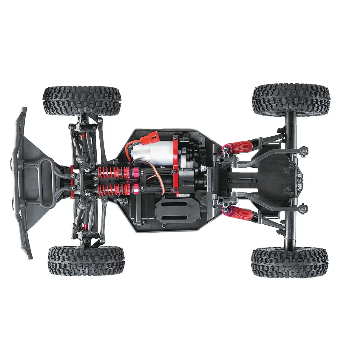 Amewi Fighter-1 Short Course Truck 4WD 22184 im Maßstab 1:12 Offroad RTR – Draufsicht mit Chassis, Motor und Federung