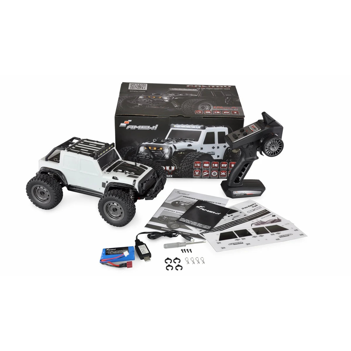 Amewi Gantry Cross-Country Truck brushed 4WD weiß 22606 im Maßstab 1:16 Offroad RTR – Lieferumfang und Zubehör
