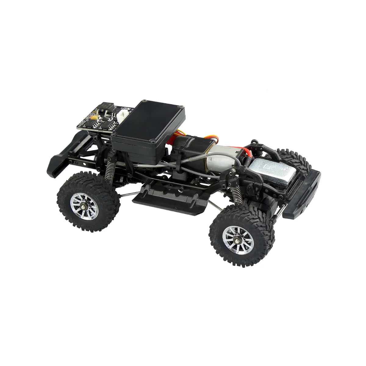 Amewi Geländewagen Scaler Bausatz 22322 im Maßstab 1:35 Crawler Bausatz – Draufsicht mit Chassis, Motor und Rädern sichtbar