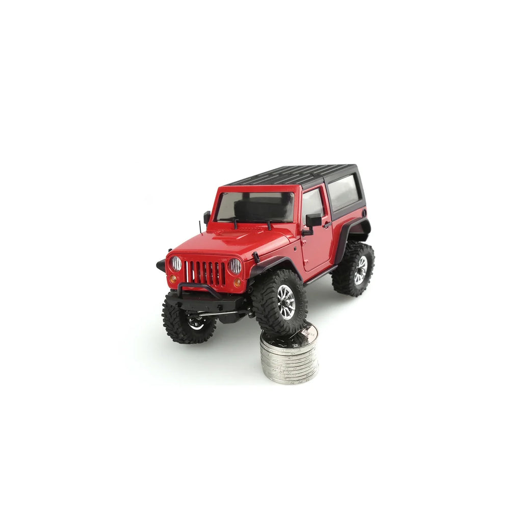 Amewi Geländewagen Scaler Bausatz 22322 im Maßstab 1:35 Crawler Bausatz – Seitenansicht auf Münze, rotes Modell-Geländewagen