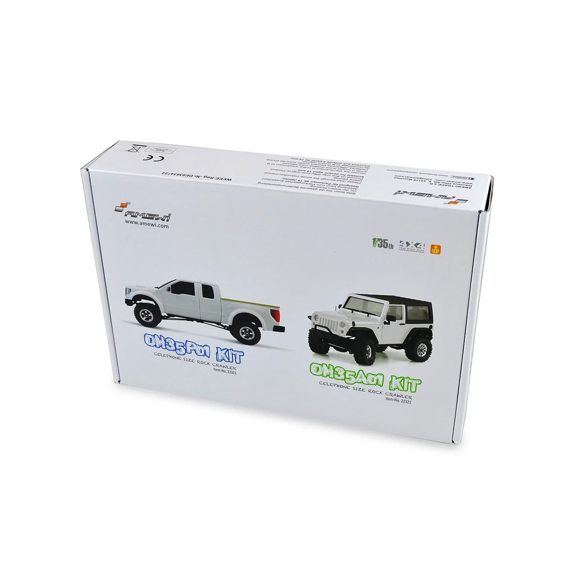 Amewi Geländewagen Scaler Bausatz 22322 im Maßstab 1:35 Crawler Bausatz – Verpackung zwei Modellfahrzeuge auf Kartonbox