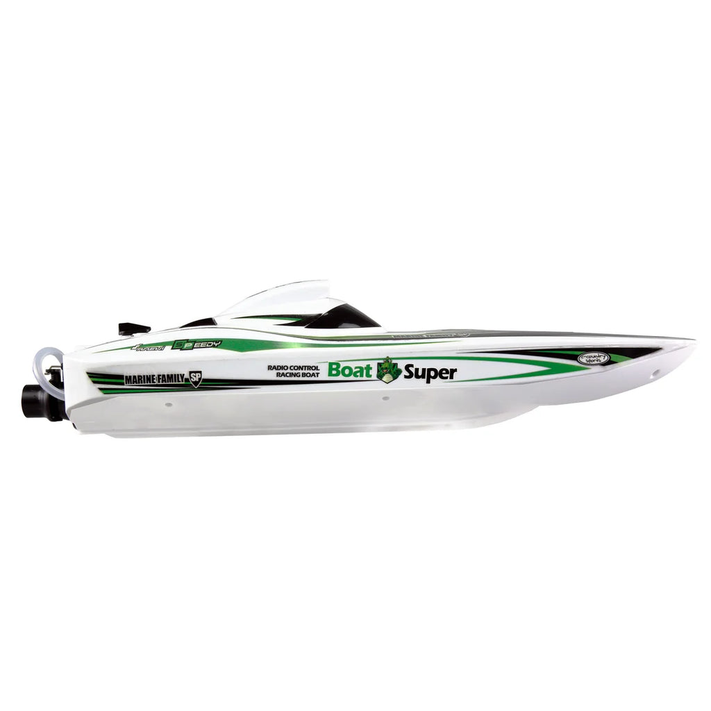 Amewi Green Arrow Katamaran brushless Jetantrieb 400mm 26113 Jetboot RTR – Seitenansicht mit grünen Streifen und Jetantrieb