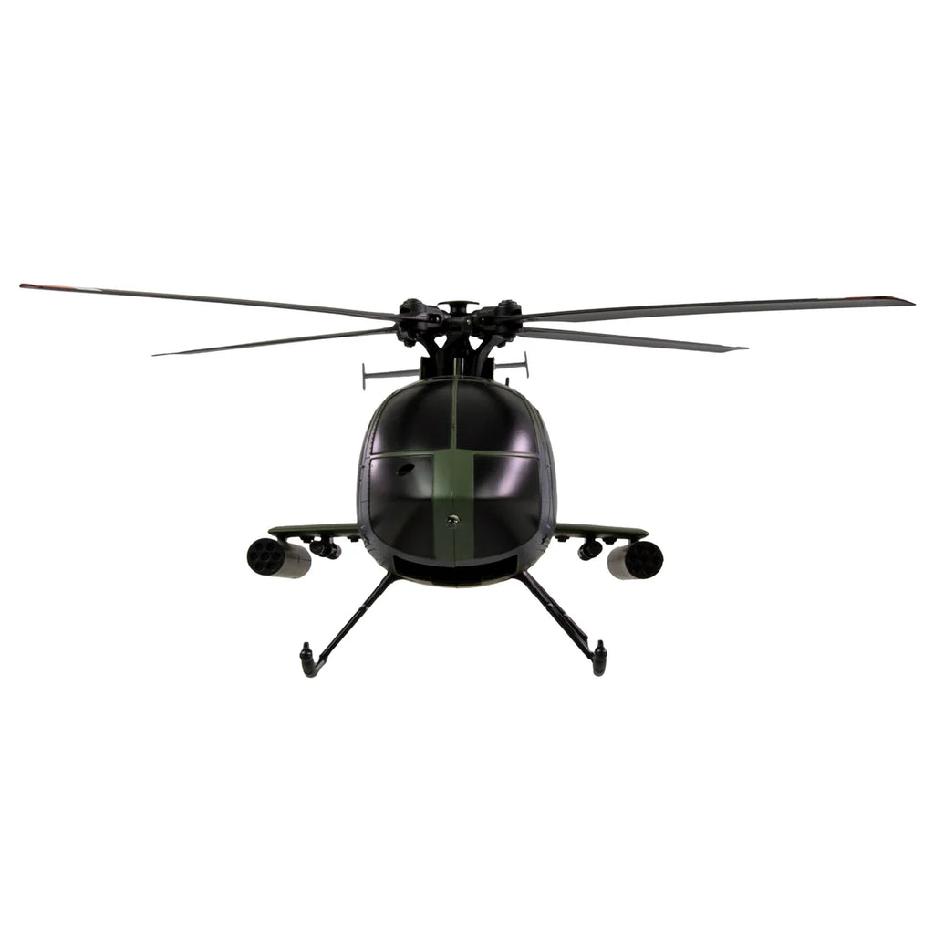 Amewi Hughes MD500 Helikopter Militär 4-Kanal 6G grau 25353 Helikopter RTF – Draufsicht mit zwei Rotorblättern und vier Kufen