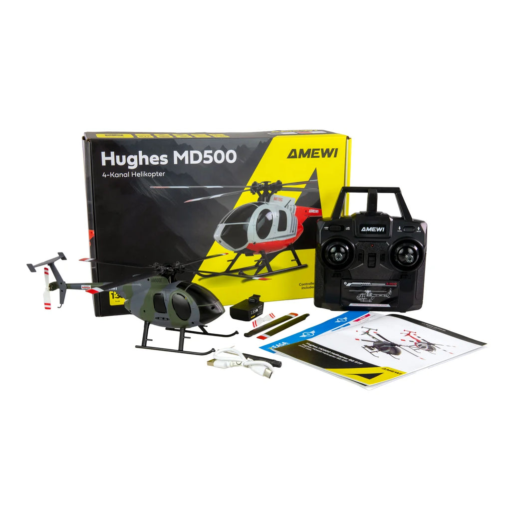 Amewi Hughes MD500 Helikopter Militär 4-Kanal 6G grau 25353 Helikopter RTF – Lieferumfang und Zubehör