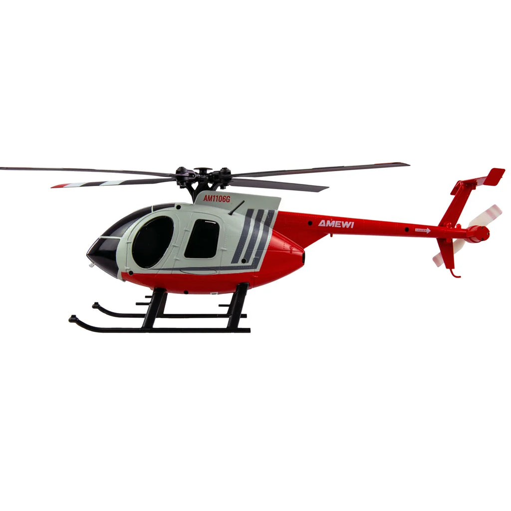 Amewi Hughes MD500 Helikopter Zivil 4-Kanal 6G 25354 Helikopter RTF – Seitenansicht mit Rotorblättern und Kufen