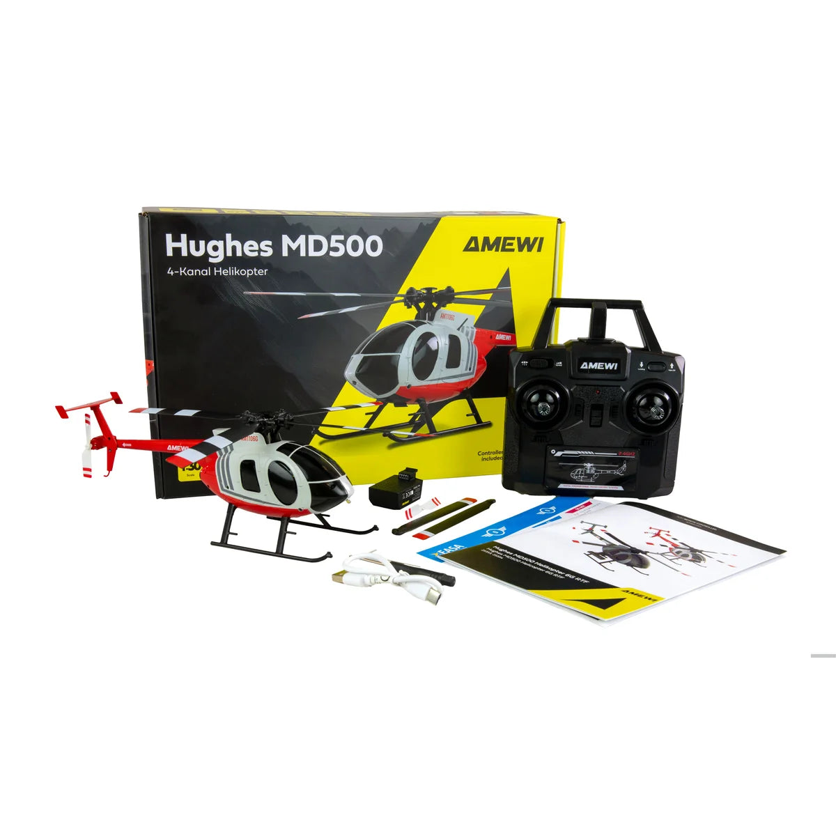 Amewi Hughes MD500 Helikopter Zivil 4-Kanal 6G 25354 Helikopter RTF – Lieferumfang und Zubehör