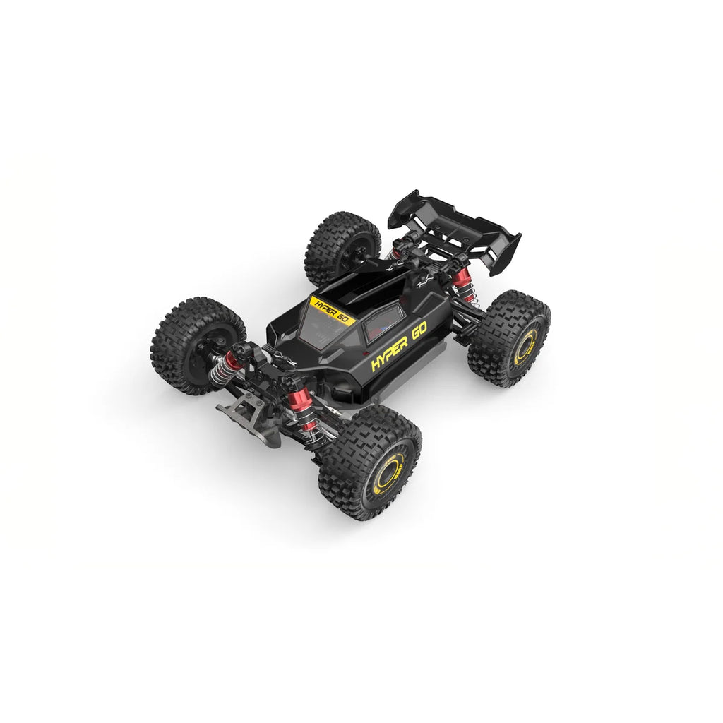 Amewi Hyper Go Buggy V2 brushless 4WD 22798 im Maßstab 1:16 Buggy RTR – Draufsicht mit schwarzer Karosserie und gelben Felgen
