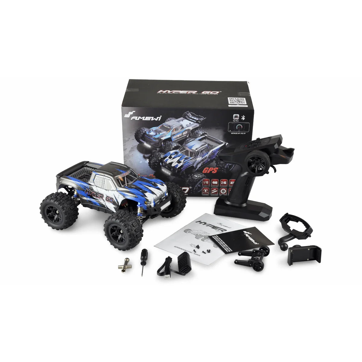Amewi Hyper GO Monstertruck brushed 4WD mit GPS blau 22602 im Maßstab 1:16 Monster Truck RTR – Lieferumfang und Zubehör