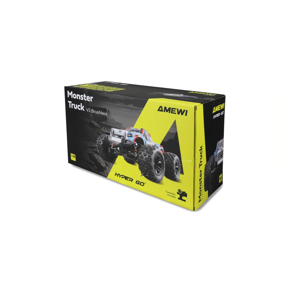 Amewi Hyper Go Monstertruck V2 brushless 4WD blau/weiß 22796 im Maßstab 1:16 Monster Truck RTR – Verpackung