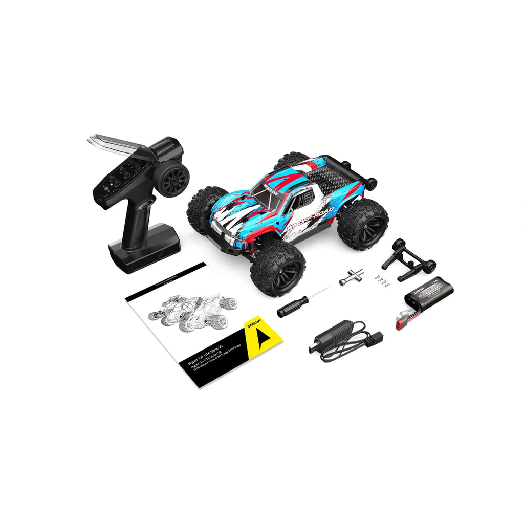 Amewi Hyper Go Monstertruck V2 brushless 4WD blau/weiß 22796 im Maßstab 1:16 Monster Truck RTR – Lieferumfang und Zubehör