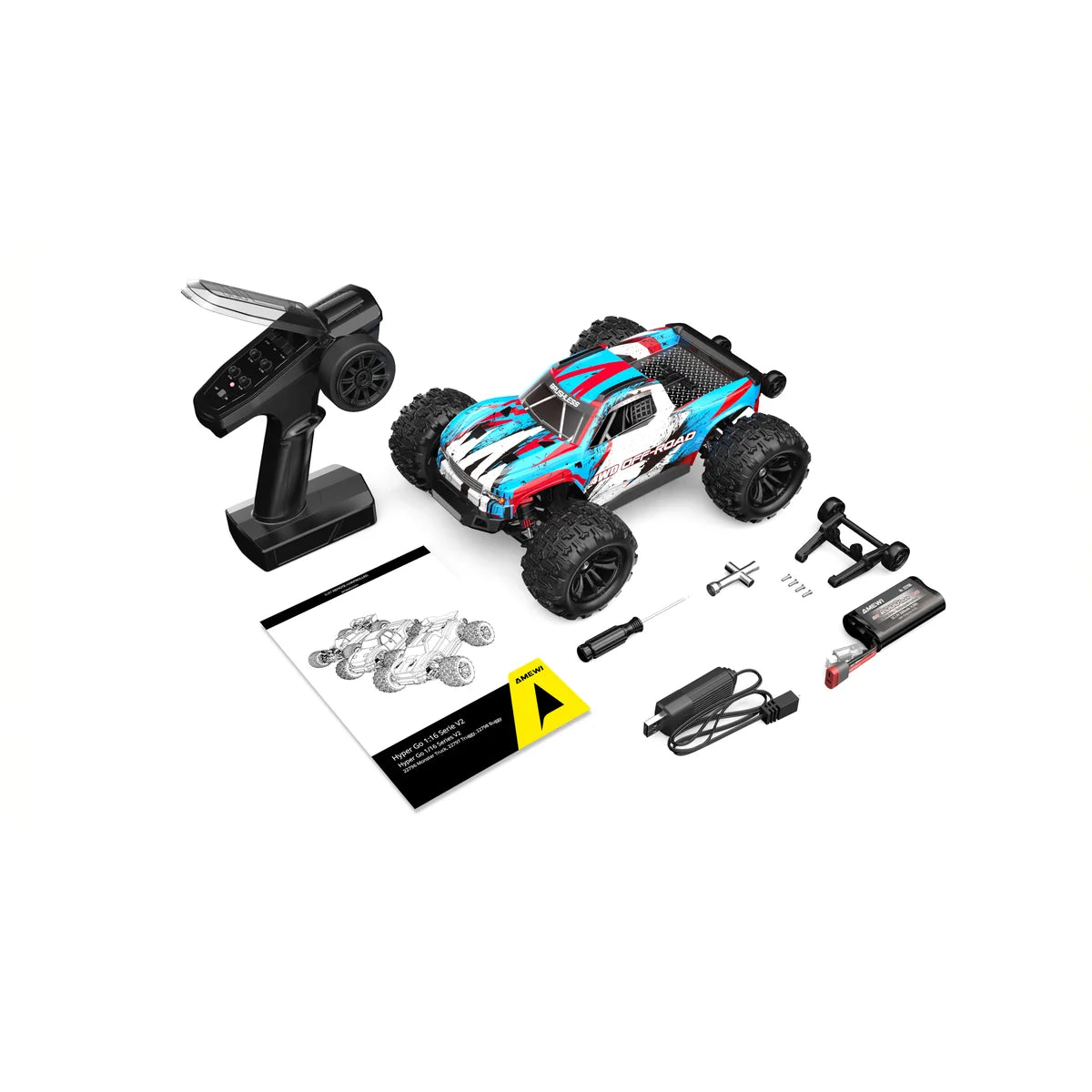 Amewi Hyper Go Monstertruck V2 brushless 4WD blau/weiß 22796 im Maßstab 1:16 Monster Truck RTR – Lieferumfang und Zubehör
