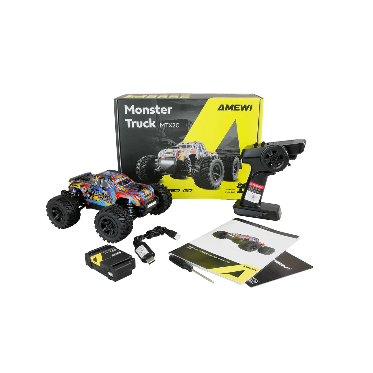 Amewi Hyper Go MTX20 Monstertruck brushless 22699 im Maßstab 1:20 Monster Truck RTR – Lieferumfang und Zubehör
