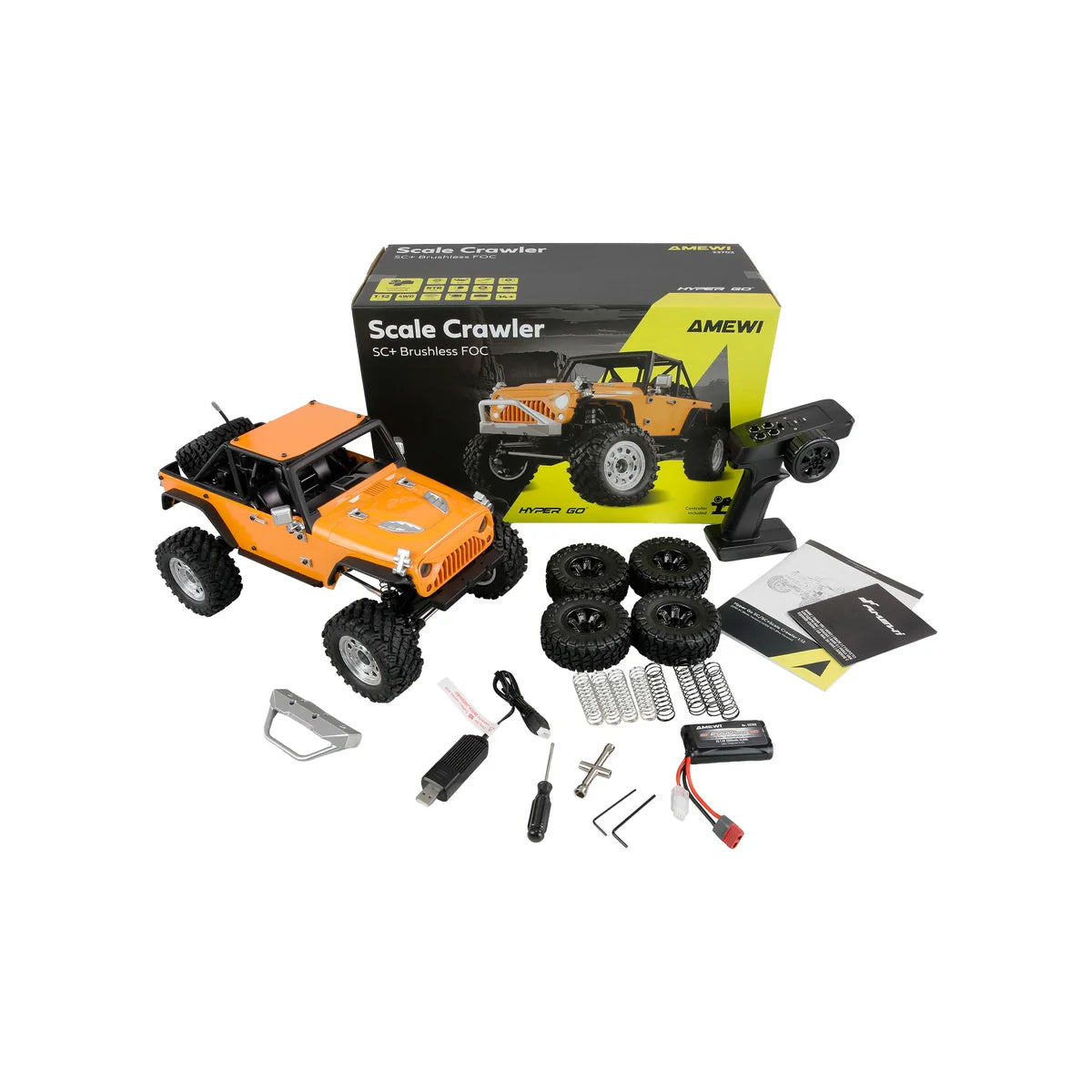 Amewi Hyper Go SC+ Scale Crawler brushless FOC gelb 22702 im Maßstab 1:12 Crawler RTR – Lieferumfang und Zubehör