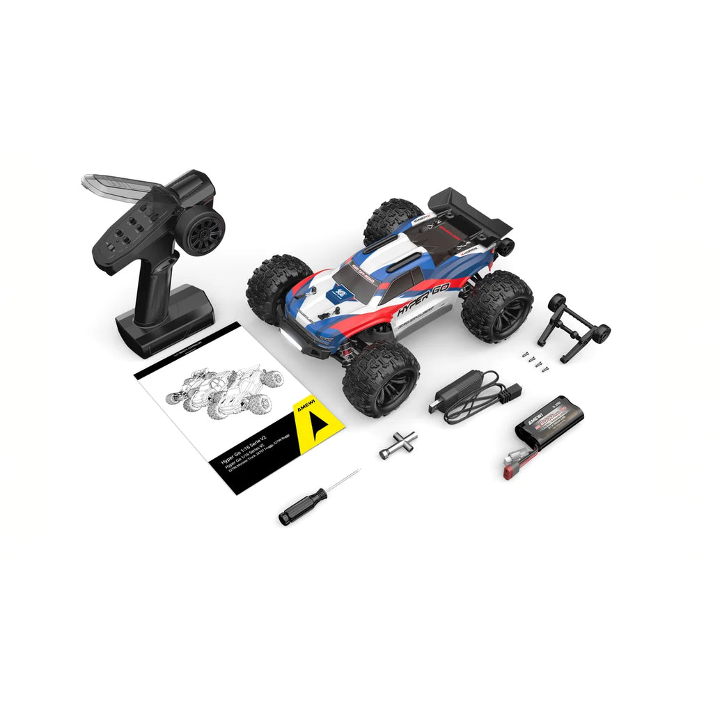 Amewi Hyper Go Truggy V2 brushless 4WD blau/rot 22797 im Maßstab 1:16 Offroad RTR – Lieferumfang und Zubehör