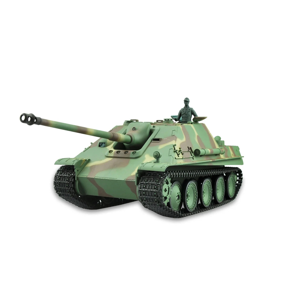 Amewi Jagdpanther G Standard Line IR/BB 23068 im Maßstab 1:16 Panzer RTR – Seitenansicht mit Raupen, Kanone und Soldat