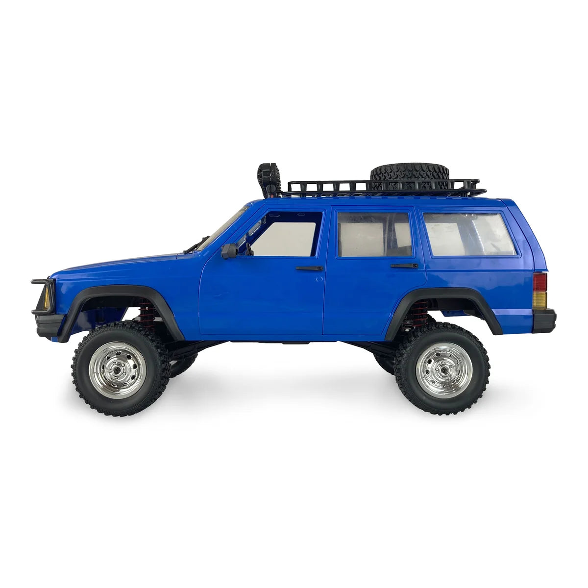 Amewi JC-X12 Scale Geländewagen Blau 22633 im Maßstab 1:12 Offroad RTR – Seitenansicht mit Dachgepäckträger und Ersatzreifen