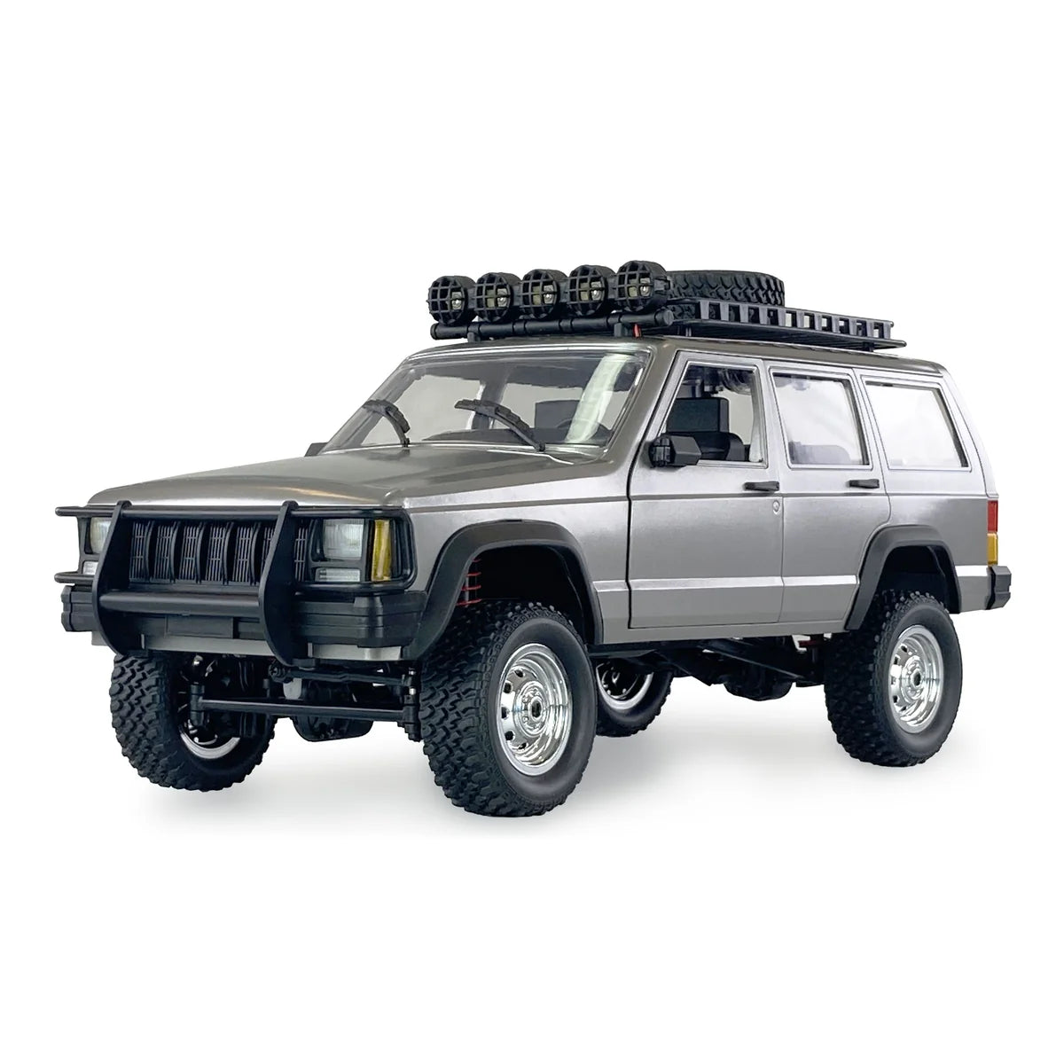 Amewi JC-X12 Scale Geländewagen Silber 22634 im Maßstab 1:12 Offroad RTR – Seitenansicht mit Dachgepäckträger und Stoßstange