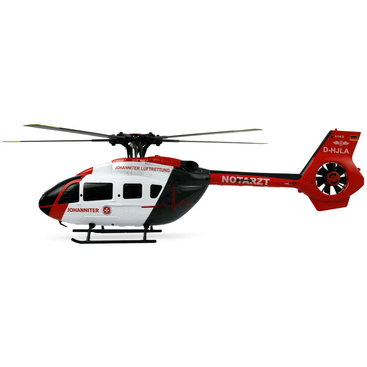 Amewi Johanniter H145 Helikopter Brushless 6-Kanal 6G 25365 Helikopter RTF – Seitenansicht mit Rotorblättern und Leitwerk