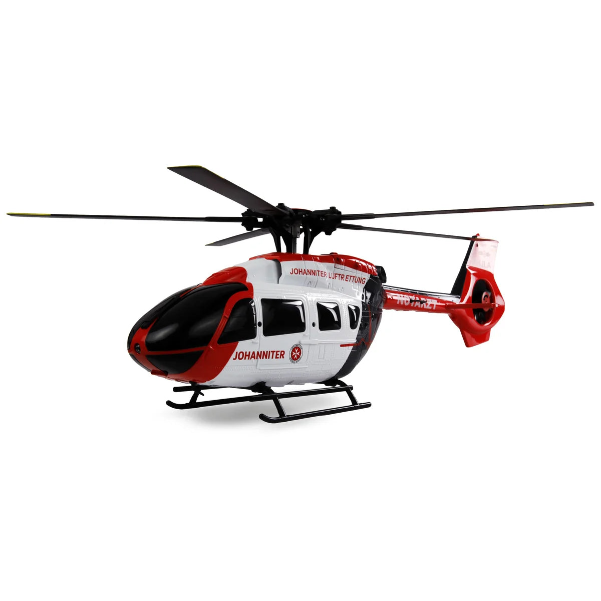 Amewi Johanniter H145 Helikopter Brushless 6-Kanal 6G 25365 Helikopter RTF – Seitenansicht mit Rotorblättern und Kufen