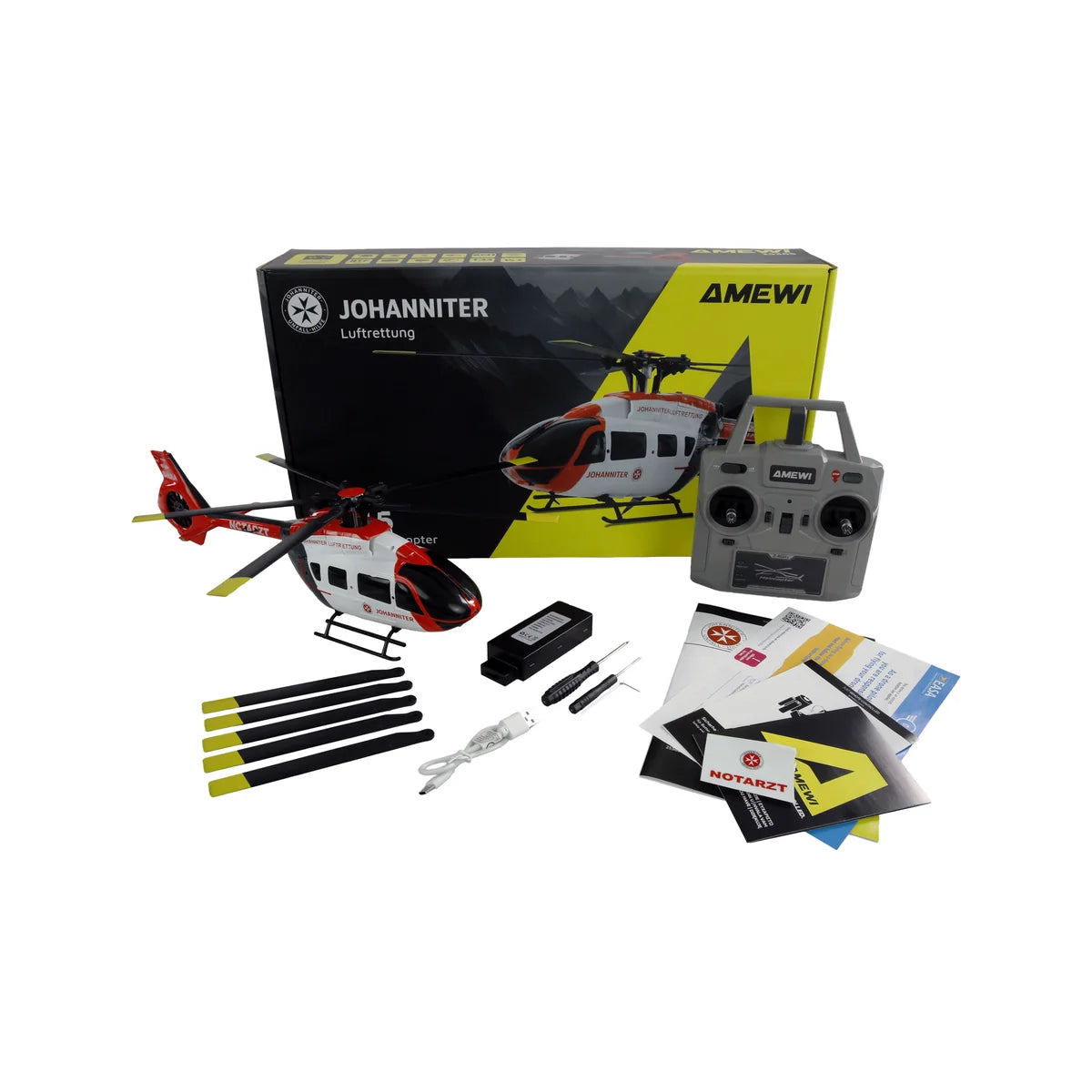 Amewi Johanniter H145 Helikopter Brushless 6-Kanal 6G 25365 Helikopter RTF – Lieferumfang und Zubehör