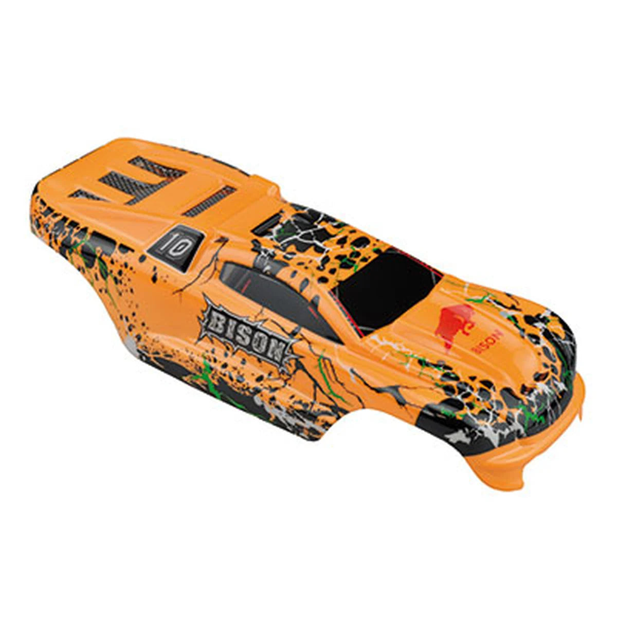 Amewi Karosserie AM10T Safari Orange 009-ET1025 Truggy – Seitenansicht mit Orange-schwarzem Leoparden-Design