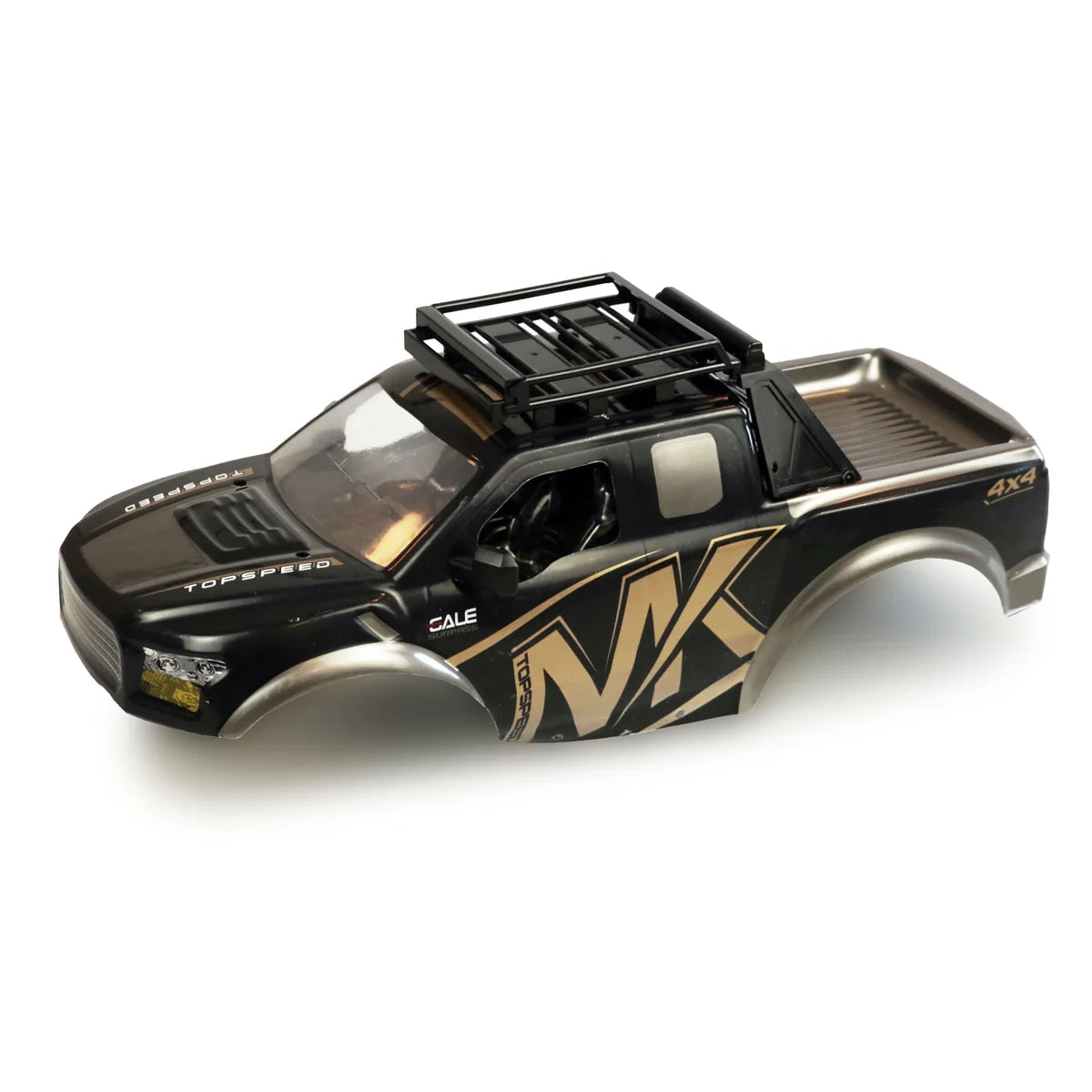 Amewi Karosserie schwarz/gold für Warrior 014-2249-25 – Seitenansicht mit Dachträger, schwarze Karosserie, goldene Akzente