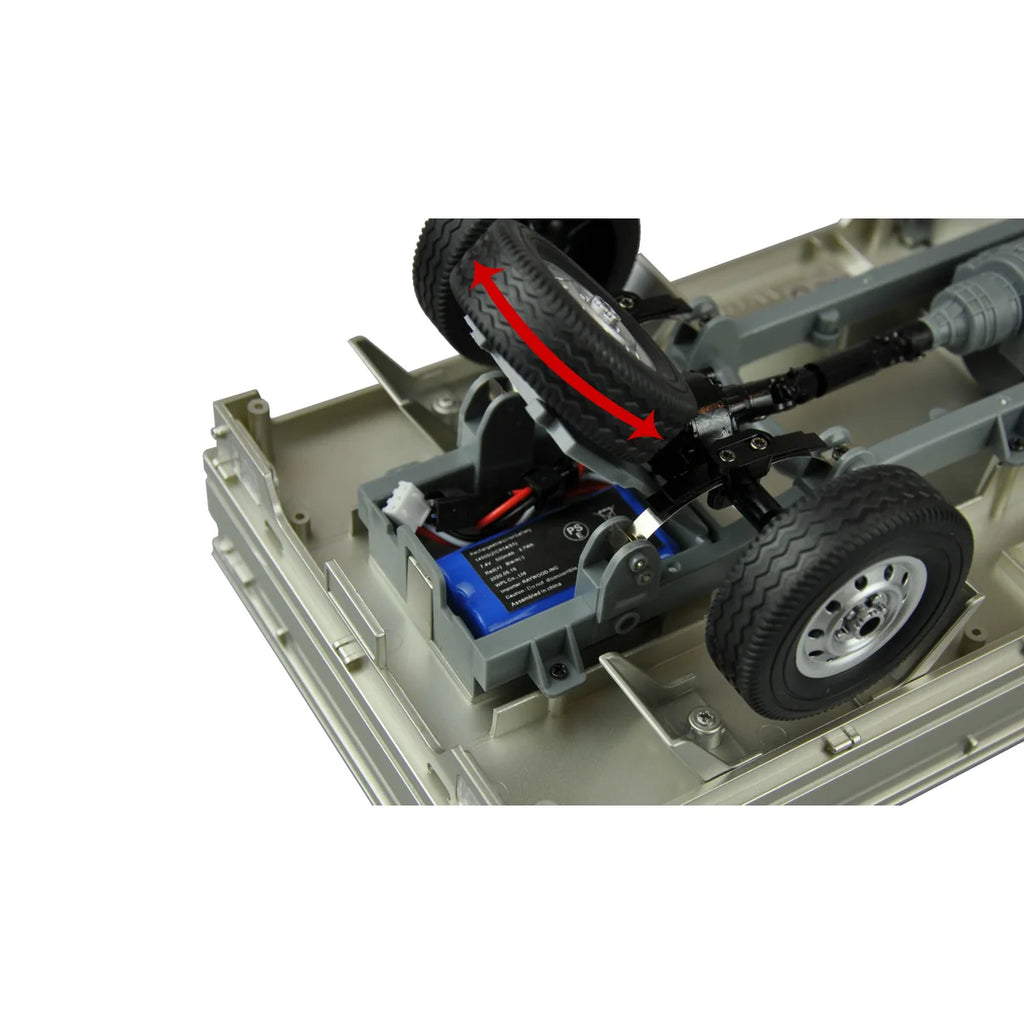 Amewi Kei Truck Scale Pritschenwagen 2WD 22506 im Maßstab 1:10 Offroad RTR – Detailansicht mit Batterie, Servo und Fahrwerk
