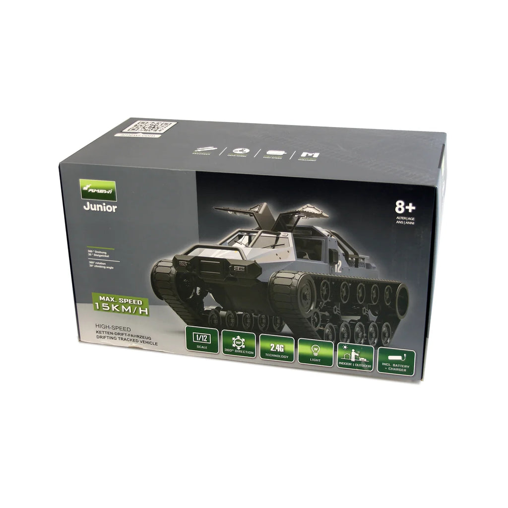 Amewi Ketten-Drift-Fahrzeug grau/blau 22439 im Maßstab 1:12 Drift RTR – Verpackung Produktbox mit Fahrzeug und Zubehör