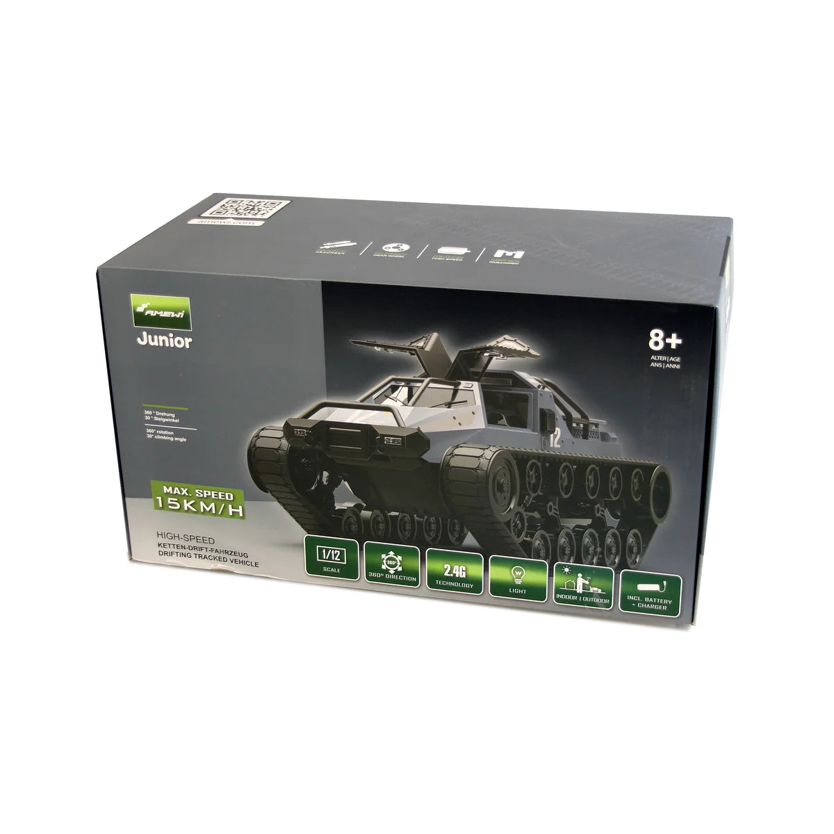 Amewi Ketten-Drift-Fahrzeug grau/blau 22439 im Maßstab 1:12 Drift RTR – Verpackung Produktbox mit Fahrzeug und Zubehör