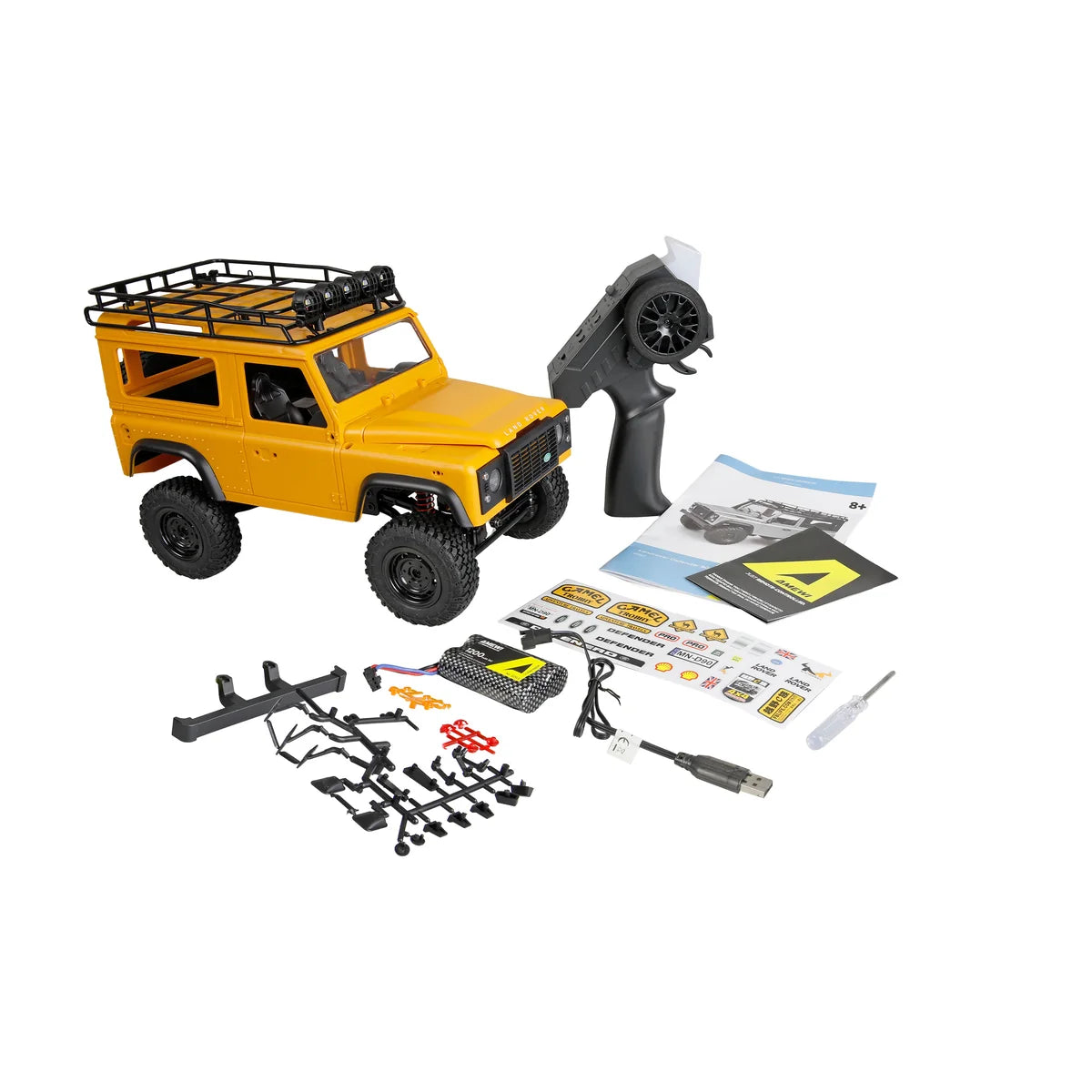 Amewi Land Rover Defender 90 Scale Crawler 4WD gelb 22565 im Maßstab 1:12 Crawler RTR – Lieferumfang und Zubehör