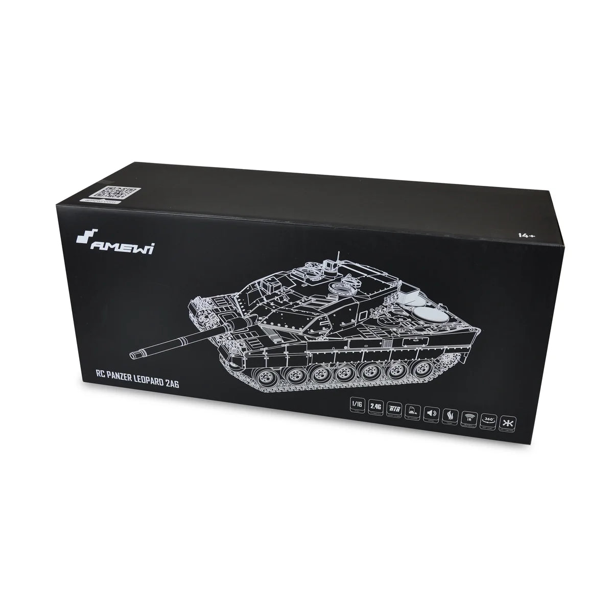 Amewi Leopard 2A6 Advanced Line IR/BB 23112 im Maßstab 1:16 Panzer RTR – Verpackung Produktkarton mit Fahrzeugzeichnung