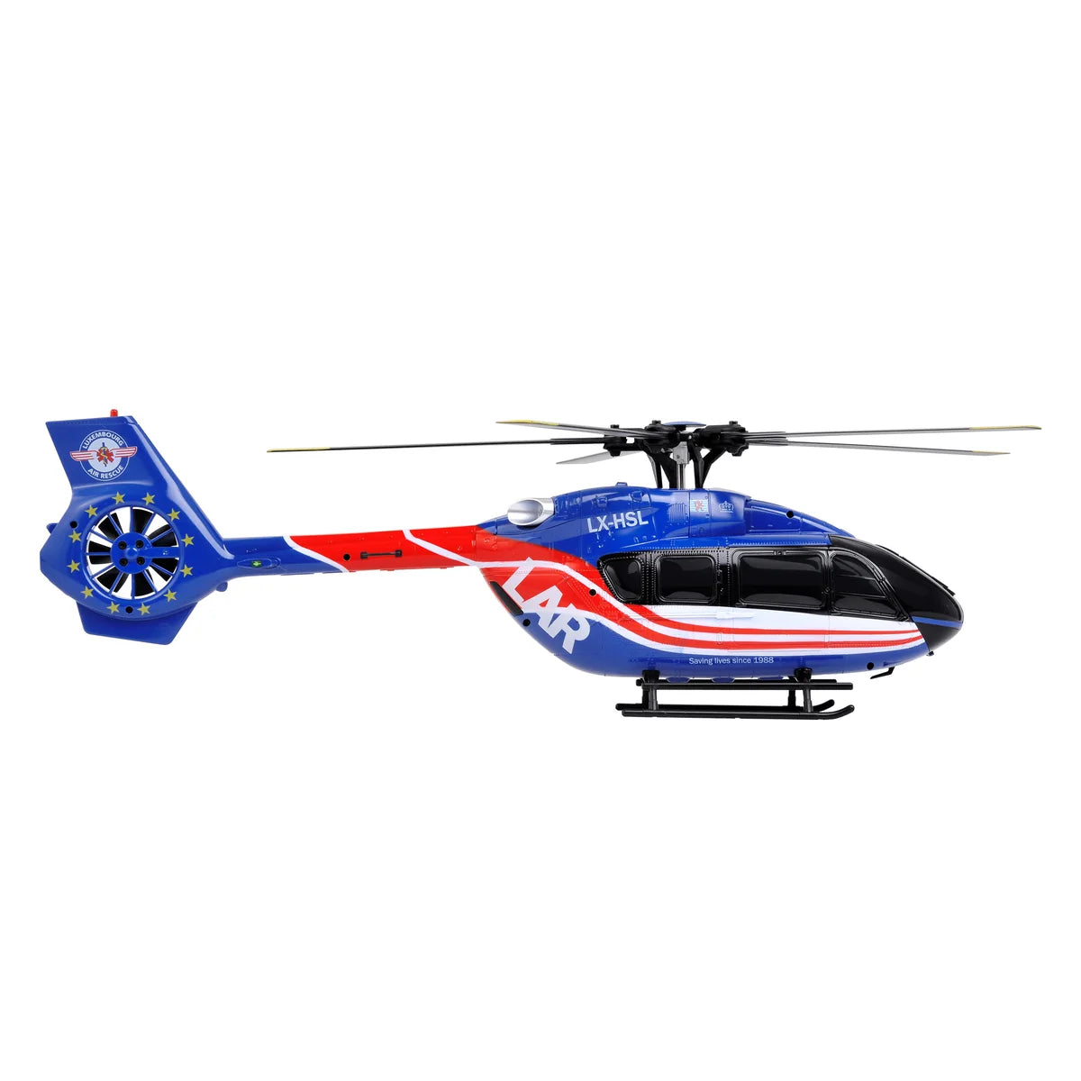 Amewi Luxembourg Air Rescue H145 Helikopter Brushless 6-Kanal 6G 25383 Helikopter RTF – Seitenansicht mit Rotoren und Kufen