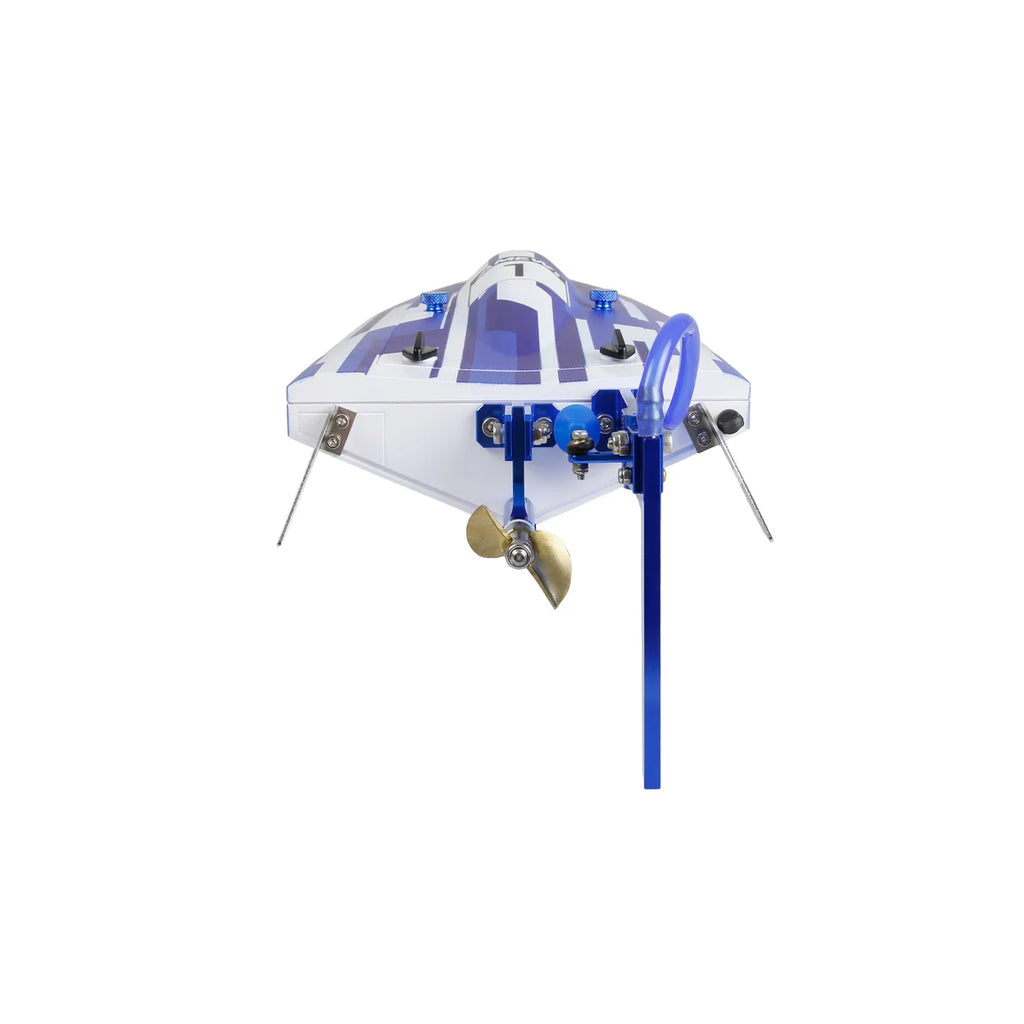 Amewi Marlin S5 Mono-Speedboot Brushless 450mm 26118 Speedboot RTR – Draufsicht mit Propeller und Ruderanlage, blau-weiß
