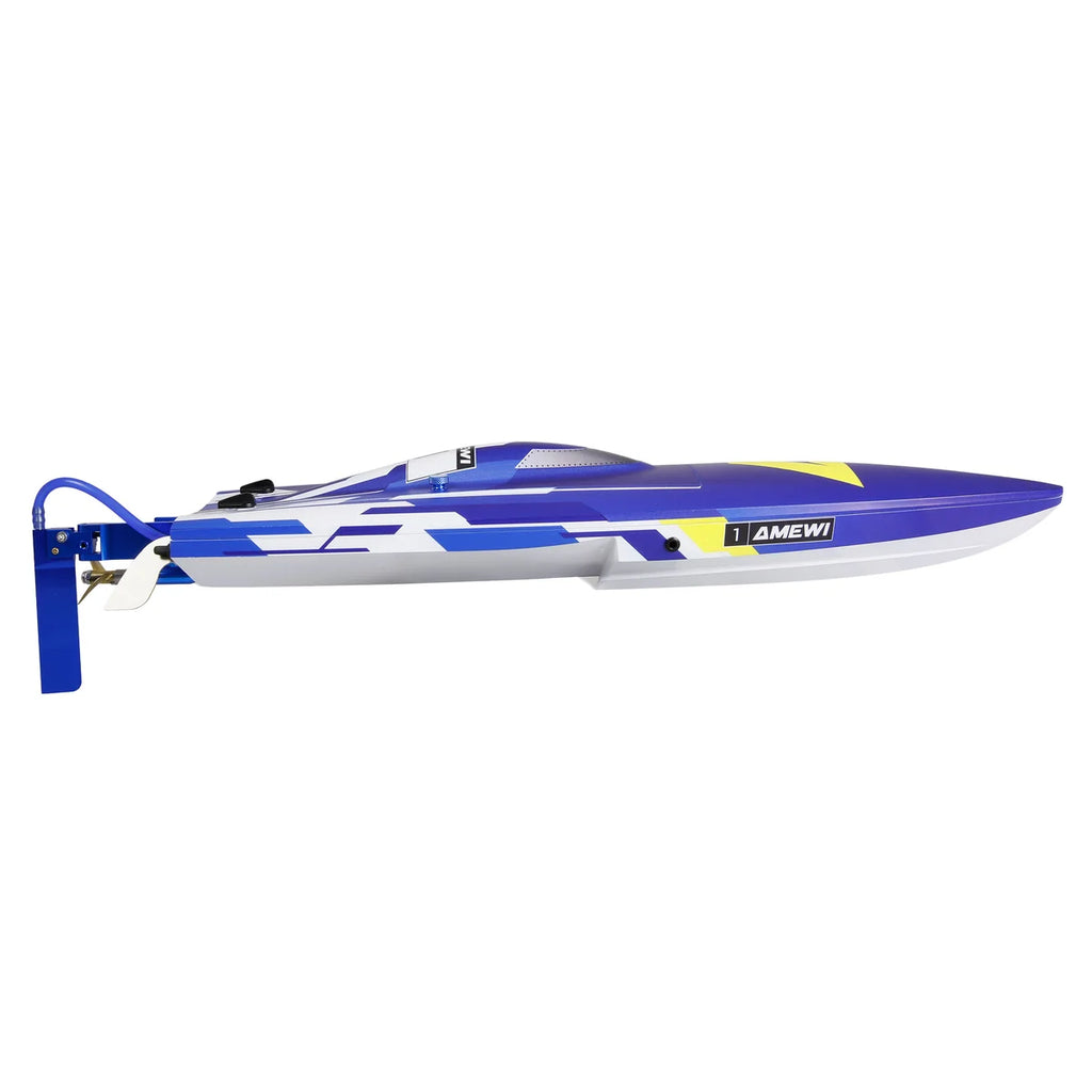 Amewi Marlin S5 Mono-Speedboot Brushless 450mm 26118 Speedboot RTR – Seitenansicht mit Halterung, blau-weiß-gelbes Design