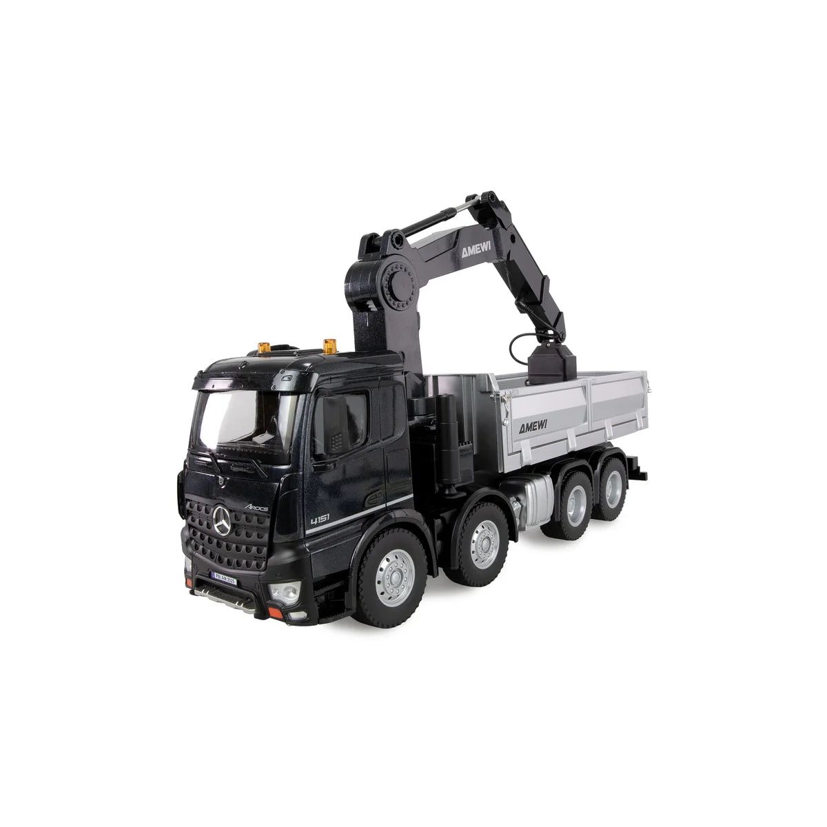 Amewi Mercedes-Benz Arocs Kranwagen mit Kipper 8x4/4 4WD 22716 im Maßstab 1:18 Baumaschine RTR – Seitenansicht