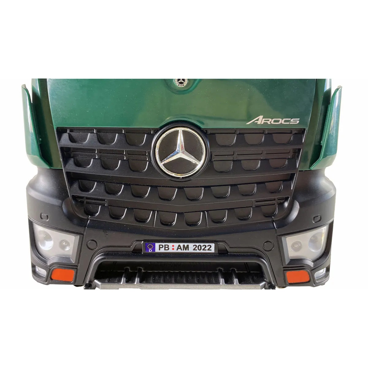 Amewi Mercedes-Benz Arocs Kranwagen mit Kipper grün 22568 im Maßstab 1:14 Baumaschine RTR – Frontansicht