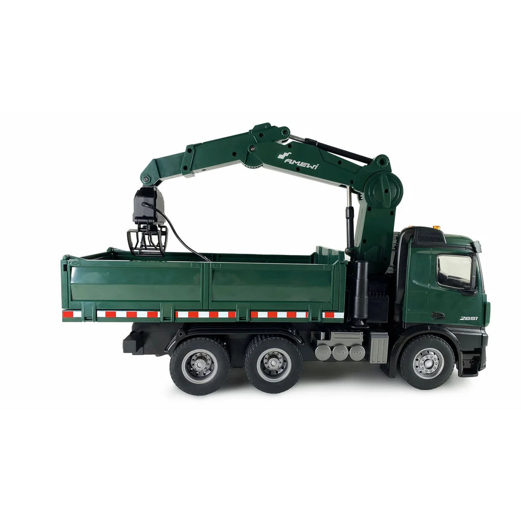 Amewi Mercedes-Benz Arocs Kranwagen mit Kipper grün 22568 im Maßstab 1:14 Baumaschine RTR – Seitenansicht