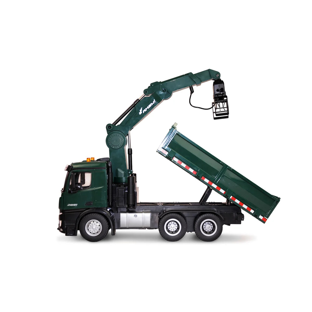 Amewi Mercedes-Benz Arocs Kranwagen mit Kipper grün 22568 im Maßstab 1:14 Baumaschine RTR – Seitenansicht