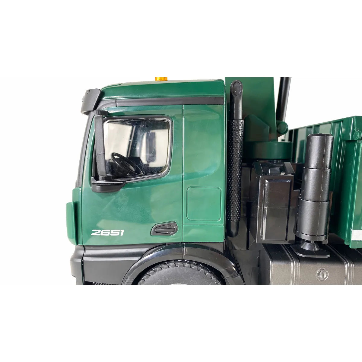 Amewi Mercedes-Benz Arocs Kranwagen mit Kipper grün 22568 im Maßstab 1:14 Baumaschine RTR – Seitenansicht