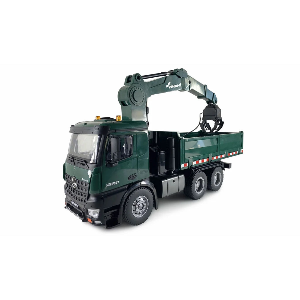 Amewi Mercedes-Benz Arocs Kranwagen mit Kipper grün 22568 im Maßstab 1:14 Baumaschine RTR – Seitenansicht